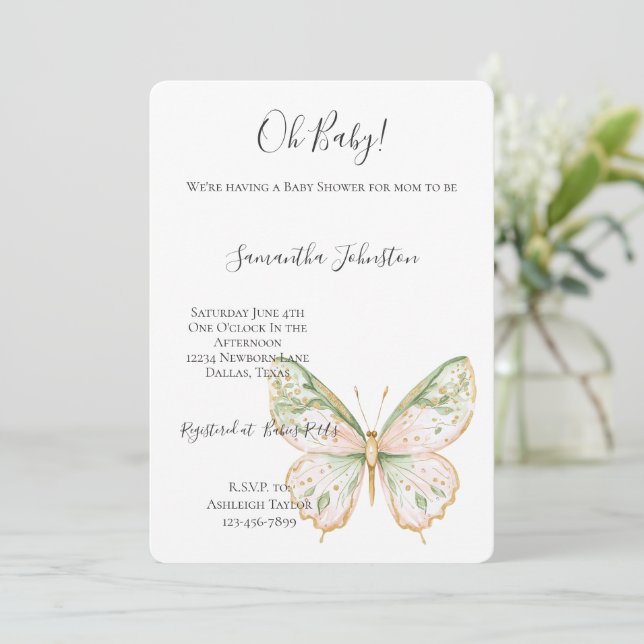 Invitación Ducha de bebé Mariposa Rosa Rubor Verde Menta Dora (Anverso de pie)