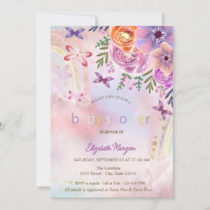 Invitación Ducha de Bebé Mariposas Arcoíris Floral