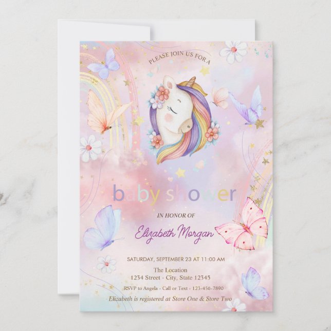 Invitación Ducha de Bebé Mariposas Arcoíris Floral Unicornio (Anverso)