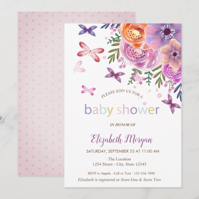 Invitación Ducha de Bebé Mariposas Lunares Floral (Anverso / Reverso)