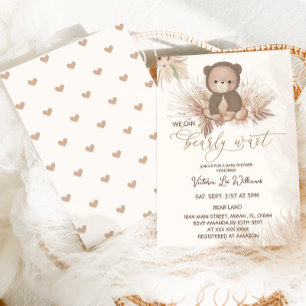Invitación Ducha de Bebé Marrón Pampas Boho Osito de Peluche