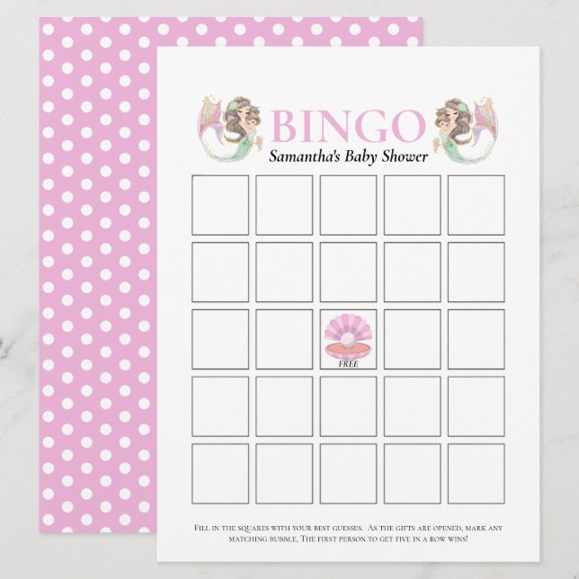 Invitación Ducha de bebé Marrón Sirena Bingo Bajo el Mar Rosa (Anverso / Reverso)