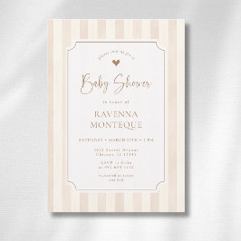 Invitación Ducha de Bebé Marrón Suave Rayas Marco Dorado Marf