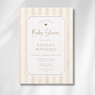 Invitación Ducha de Bebé Marrón Suave Rayas Marco Dorado Marf