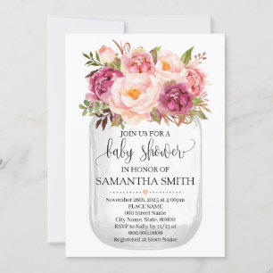 Invitación Ducha de bebé mason jar moda de campo floral rosa
