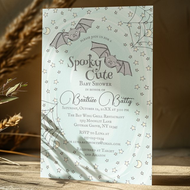 Invitación Ducha de Bebé Mírame Murciélagos Menta (Spooky Cute Baby Bats Baby Shower Invitation in Mint Blue. Adorable Bats on Swirly Pastel Mint.)