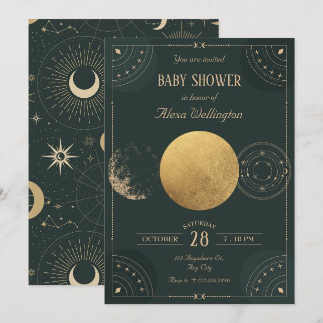 Invitación Ducha de bebé mística celestial verde de la luna (Anverso / Reverso)