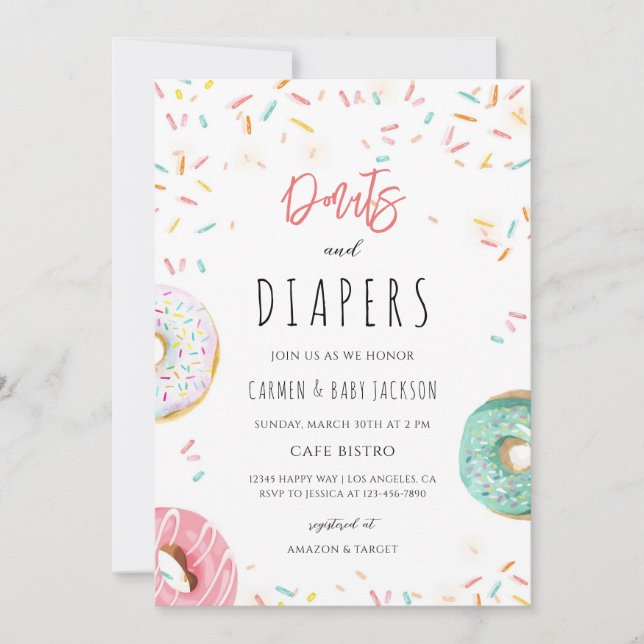 Invitación Ducha de bebé mixta con donut rosa Sprinkle (Anverso)