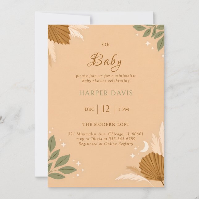 Invitación Ducha de Bebé Moderna Boho Sage con Vegetación y P (Anverso)