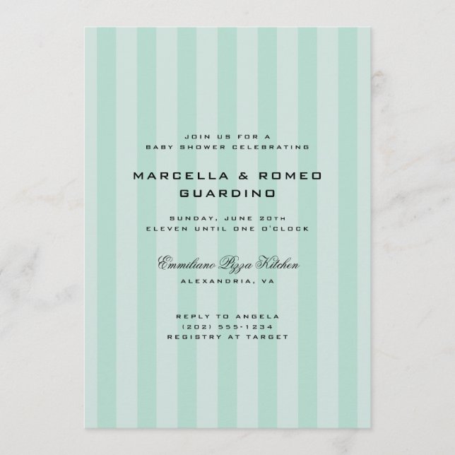 Invitación Ducha de bebé moderna con raya vertical azul menta (Anverso)
