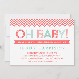 Invitación Ducha de bebé moderna de coral y menta con Chevron