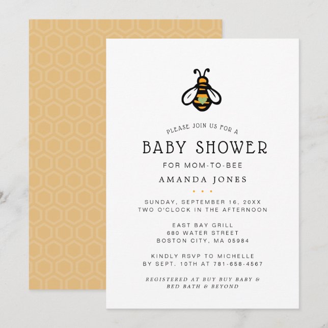 Invitación Ducha de Bebé Moderna para la futura Mamá Abeja (Anverso / Reverso)