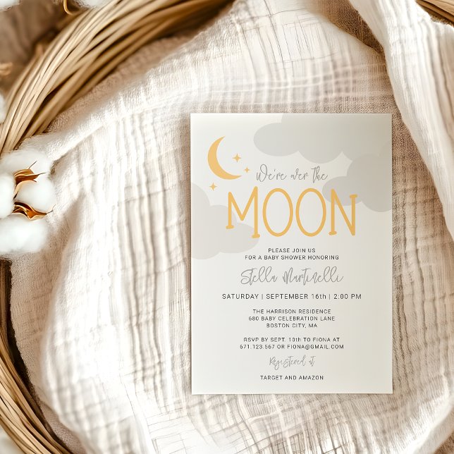 Invitación Ducha de Bebé Moderna Sobre La Luna Con Detalles (Modern Over The Moon With Details Baby Shower Invitation)