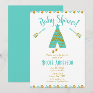Invitación Ducha de bebé moderna tipi dorado, turquesa y azul