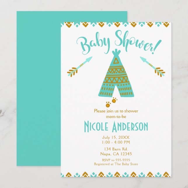 Invitación Ducha de bebé moderna tipi dorado, turquesa y azul (Anverso / Reverso)