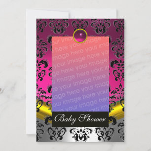 Invitación DUCHA DE BEBÉ MONOGRAMA DAMASCO ROSA FUCsia BLANCO