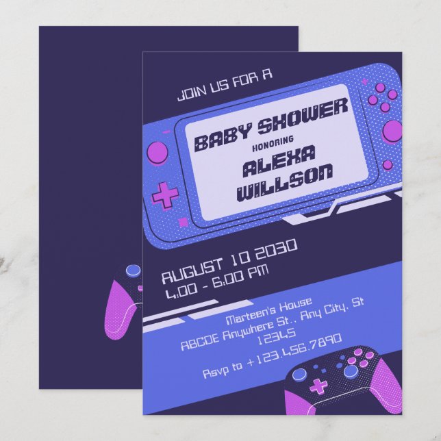 Invitación Ducha de bebé morado para jugadores (Anverso / Reverso)