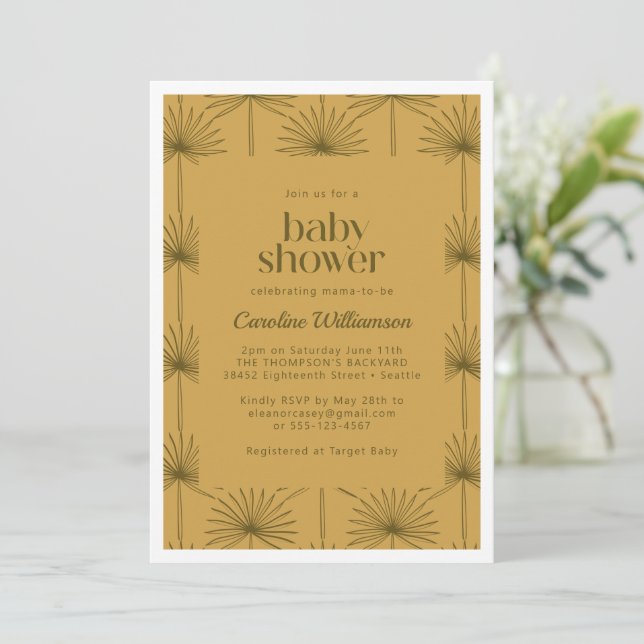 Invitación Ducha de bebé Mostaza Botánico Hoja de Palma Boho  (Anverso de pie)