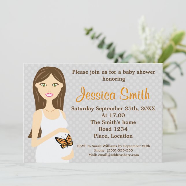 Invitación Ducha de Bebé - Mujer Embarazada con Vestido de Ma (Anverso de pie)