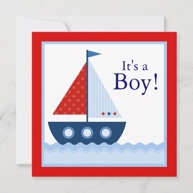 Invitación Ducha de bebé náutica barco de vela rojo blanco az (Anverso)