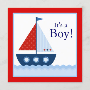 Invitación Ducha de bebé náutica barco de vela rojo blanco az