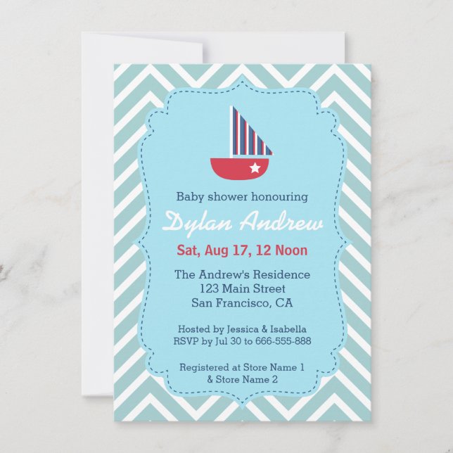 Invitación Ducha de bebé náutica de barco de vela, Chevron az (Anverso)