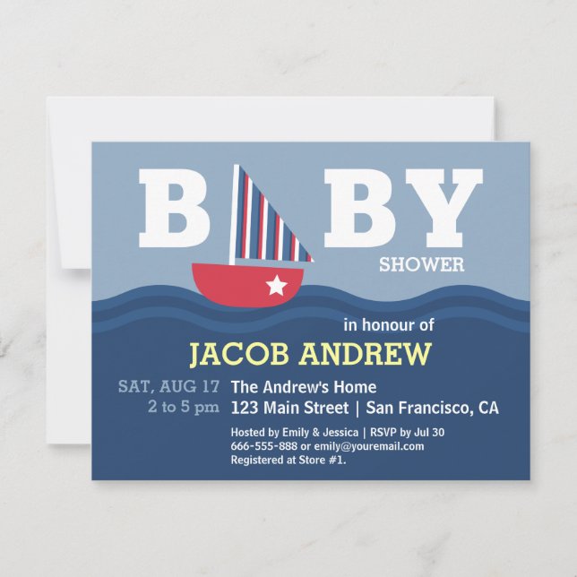 Invitación Ducha de bebé náutica de velero lindo (Anverso)