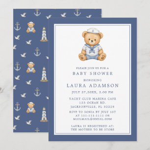 Invitación Ducha de bebé náutica del pequeño oso marinero Ted