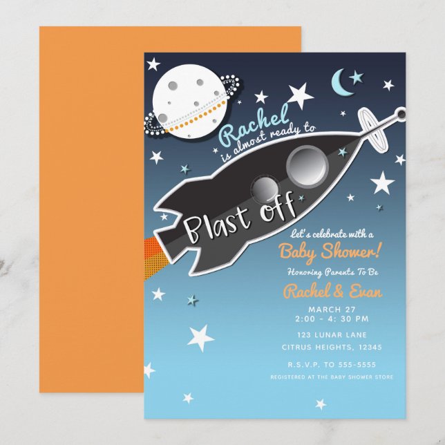 Invitación Ducha de Bebé Nave Espacial Cohete Despegue (Anverso / Reverso)