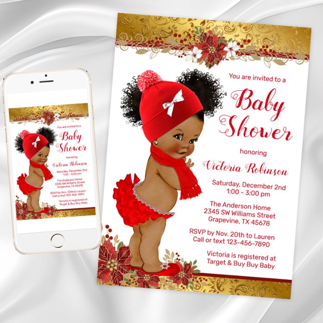 Invitación Ducha de Bebé Navidad Rojo Dorado (Adorable Girl Christmas Baby Shower Invitation. Instant download and printed invitations available.)
