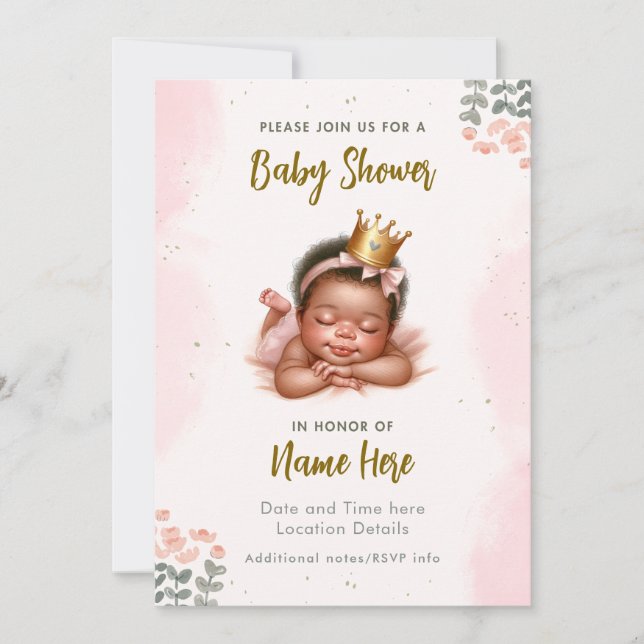 Invitación Ducha de Bebé Negra Americana Flores Pastel (Anverso)