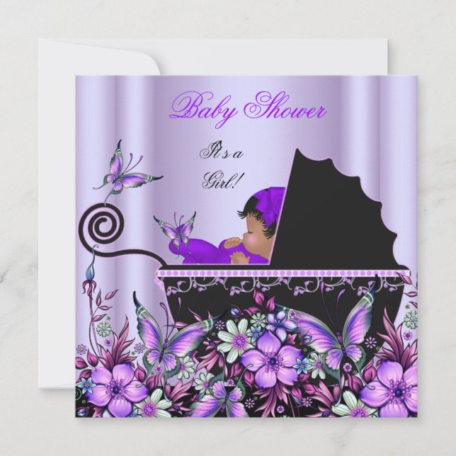 Invitación Ducha de bebé negra niña morada (Anverso)