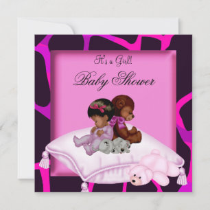 Invitación Ducha de bebé negra niña Oso rosa caliente