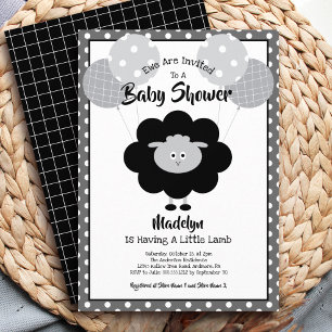Invitación Ducha de Bebé Negro Blanco Cordero Globos Linda Mo