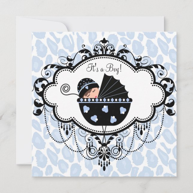 Invitación Ducha de Bebé Negro y Azul (Anverso)