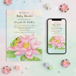 Invitación Ducha de Bebé Nenúfar Rosa y Rana de Árbol