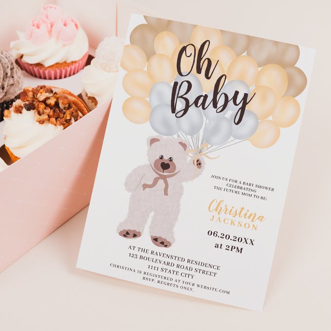 Invitación Ducha de bebé neutra con globo amarillo de oso de  (Subido por el creador)