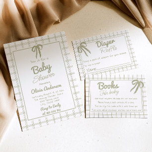 Invitación Ducha de Bebé Neutra con Lazo Verde a Mano Gingham