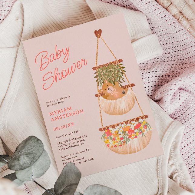 Invitación Ducha de bebé neutra de género con osito de peluch (Cute boho teddy bear gender neutral baby shower invitation on pastel pink)