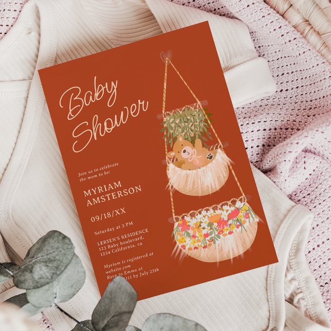 Invitación Ducha de bebé neutra de género con osito de peluch (Cute boho teddy bear gender neutral baby shower invitation on terracotta)