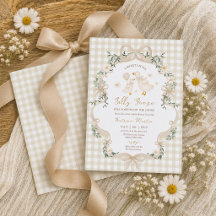 Ducha de bebé neutra de gingham con lazo beige de