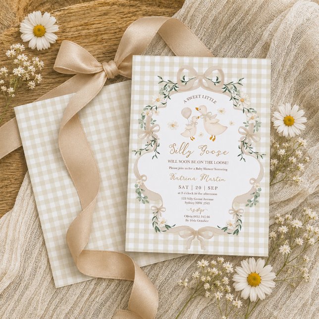 Invitación Ducha de bebé neutra de gingham con lazo beige de  (Subido por el creador)