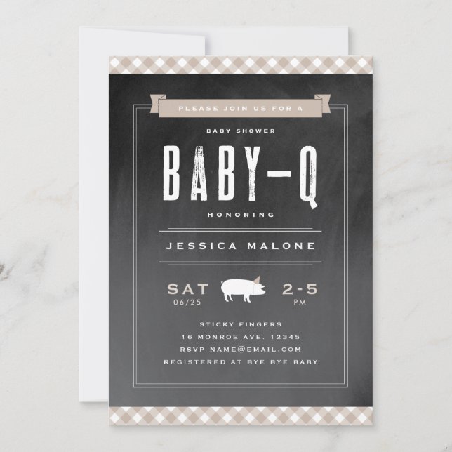 Invitación Ducha de bebé neutra Gingham Baby BBQ Khaki (Anverso)