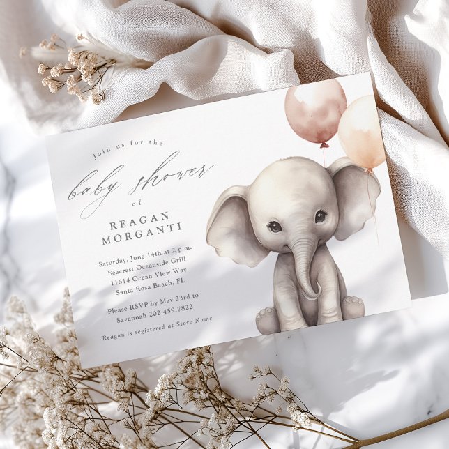 Invitación Ducha de bebé neutral con elefante simple y globos (Simple Gender Neutral Elephant Baby Shower Invitations.)