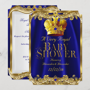Invitación Ducha de Bebé Neutral Corona Real Azul Gemas Dorad