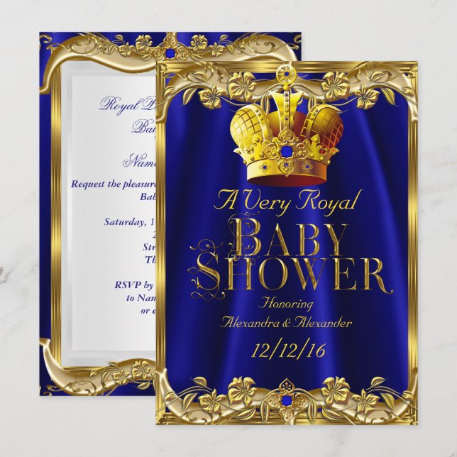 Invitación Ducha de Bebé Neutral Corona Real Azul Joya Dorada (Anverso / Reverso)