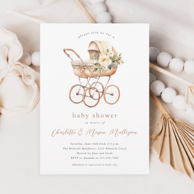 Invitación Ducha de Bebé Neutral para Parejas Cochecito de Be (Vintage baby carriage gender neutral floral boho couples baby shower invitations.)