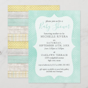 Invitación Ducha de Bebé Neutro en Menta Amarillo Rústico Mad