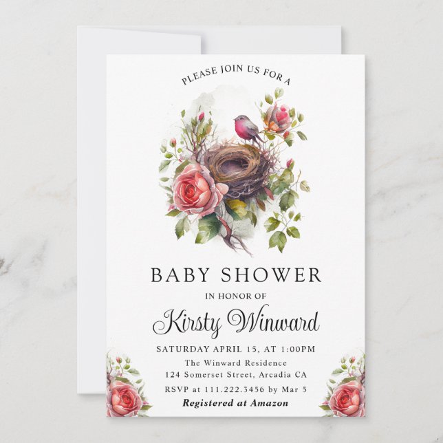 Invitación Ducha de bebé Nido de Pájaros Floral Primavera Acu (Anverso)