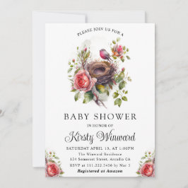 Invitación Ducha de bebé Nido de Pájaros Floral Primavera Acu